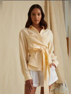 Marissa Webb Mila Linen Wrap Front Shirt In Custard Size XS